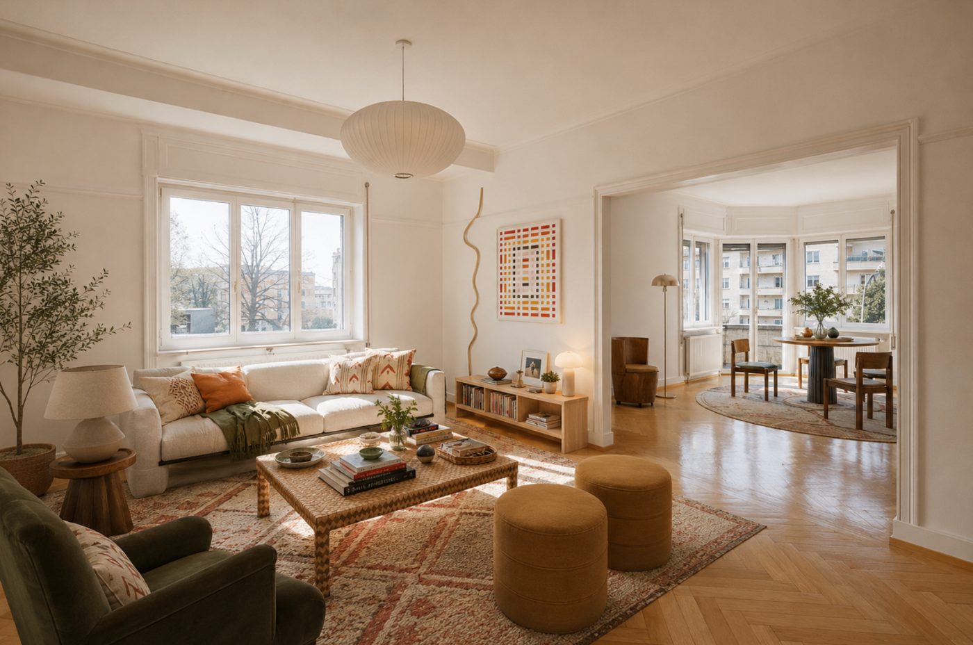 The same living room after: a cream sofa, a patterned rug, ochre poufs and an olive tree by the window